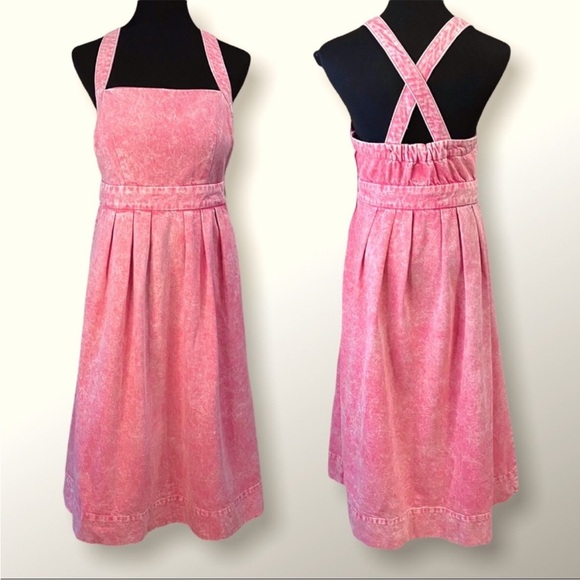 NWT Gap Side Button Apron Midi Denim Dress Pink Flamingo Pockets Size 2 - Picture 2 of 15